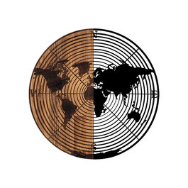 Wallity Accesorio Decorativo de Pared World Map 321, Madera y Metal, Negro y Nogal, 56 cm Diámetro